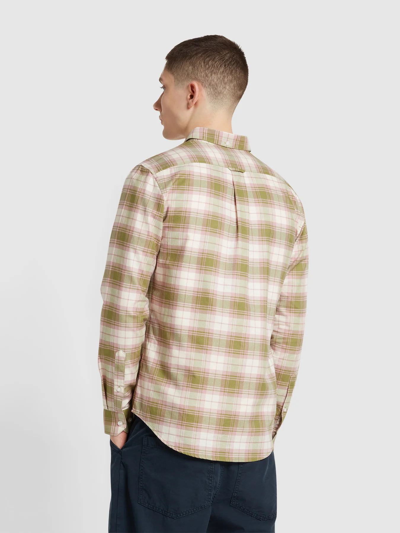 Brewer Slim Fit Check Organic Cotton Oxford Shirt In Moss Green - Image 3