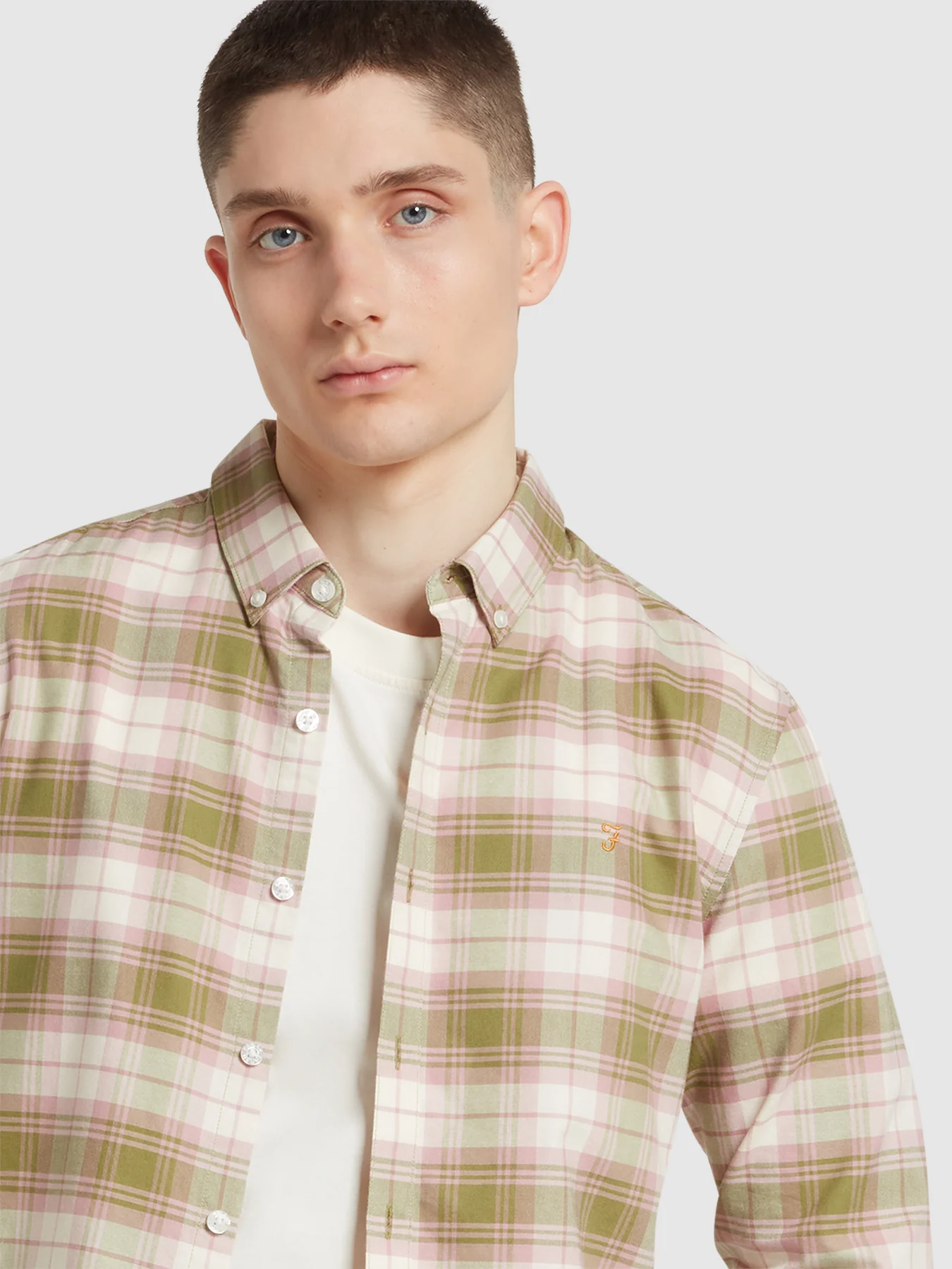 Brewer Slim Fit Check Organic Cotton Oxford Shirt In Moss Green - Image 4