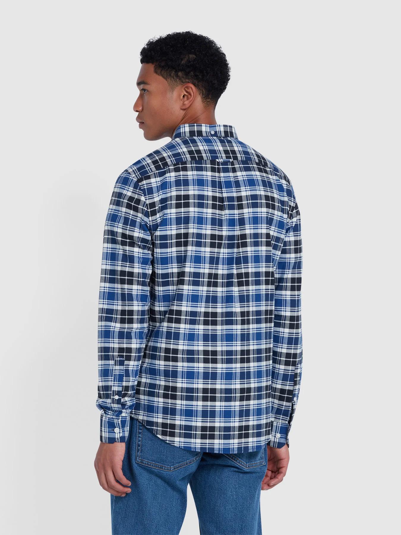 Brewer Slim Fit Check Organic Cotton Oxford Shirt In Blue Peony - Image 3
