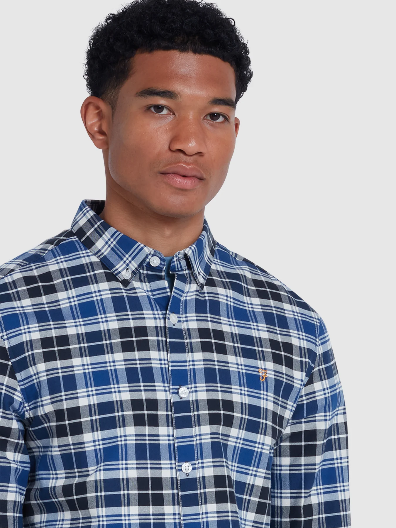 Brewer Slim Fit Check Organic Cotton Oxford Shirt In Blue Peony - Image 4