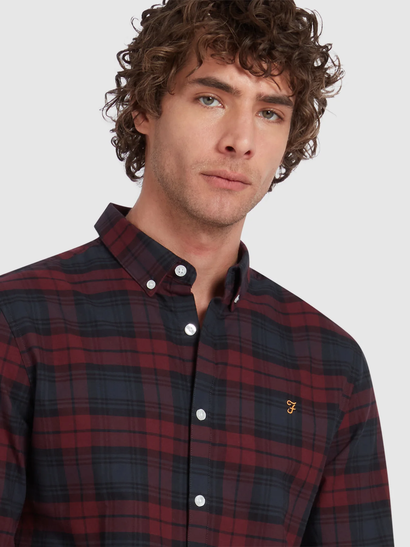 Brewer Slim Fit Check Organic Cotton Oxford Shirt In Farah Red - Image 4