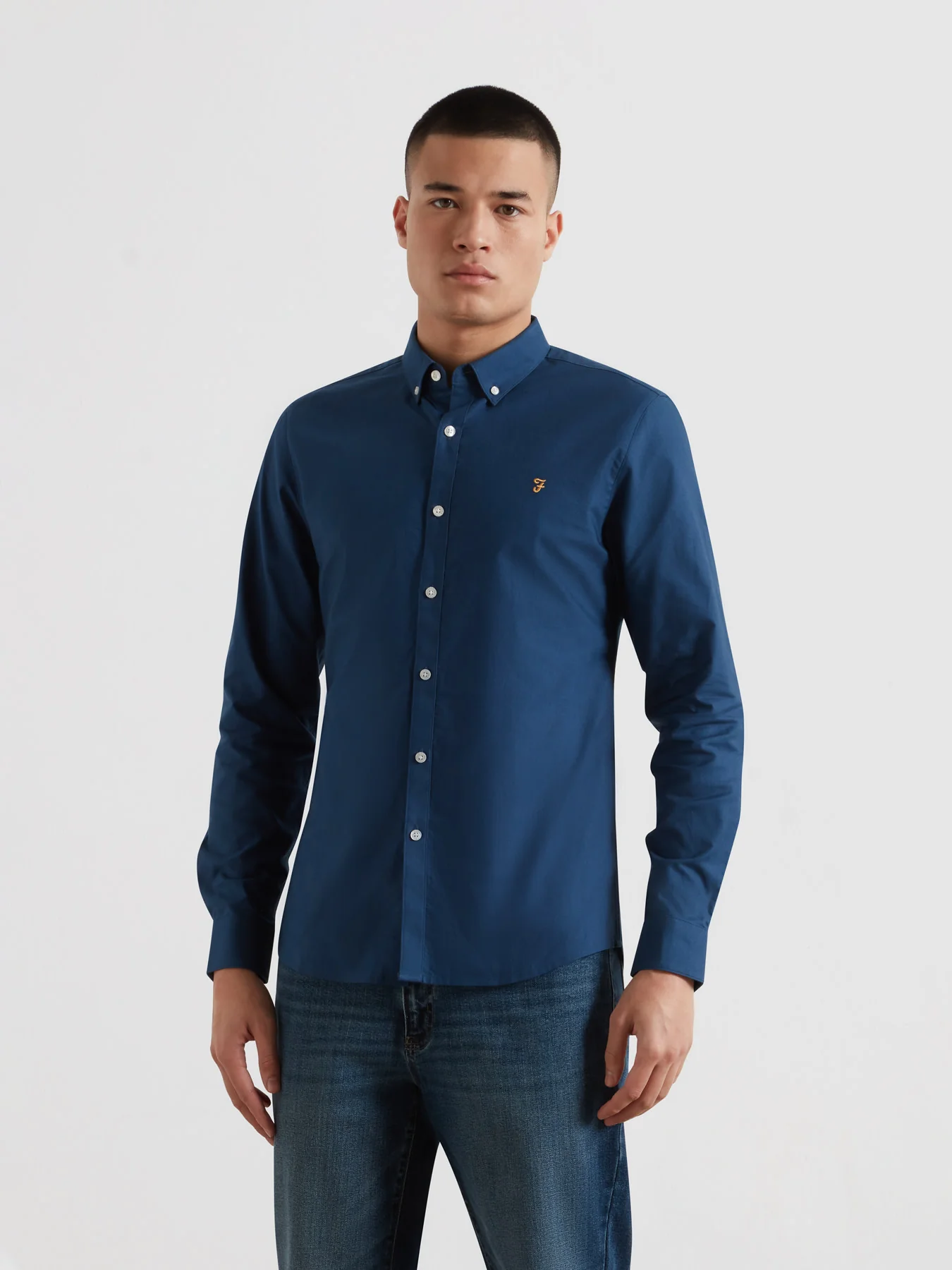 Brewer Slim Fit Organic Cotton Oxford Shirt In Aegean Blue