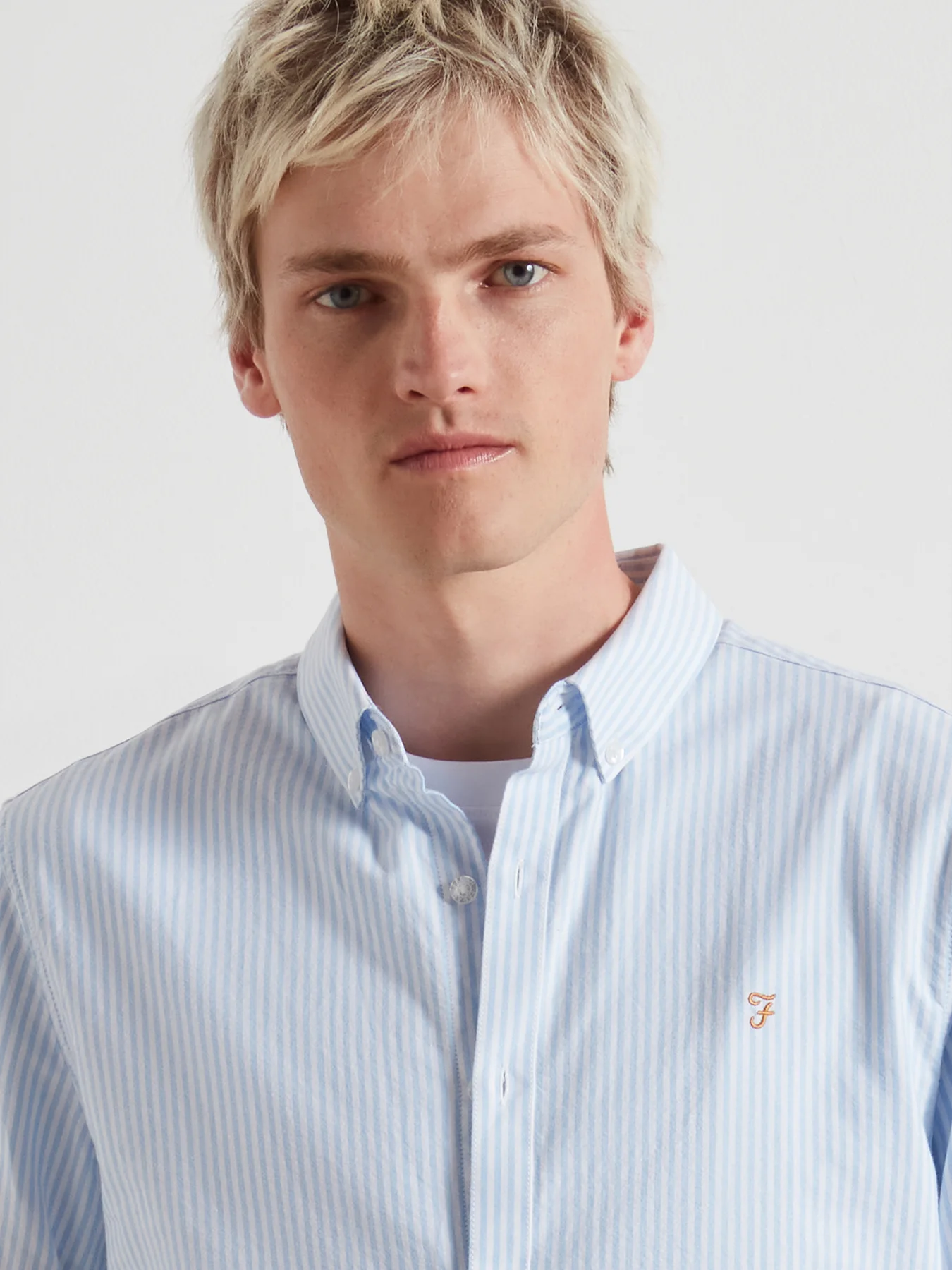 Brewer Slim Fit Striped Organic Cotton Oxford Shirt In Sky Blue - Image 4