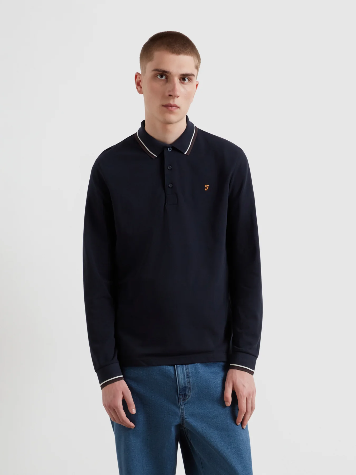 Elton Tipped Long Sleeve Polo Shirt In True Navy