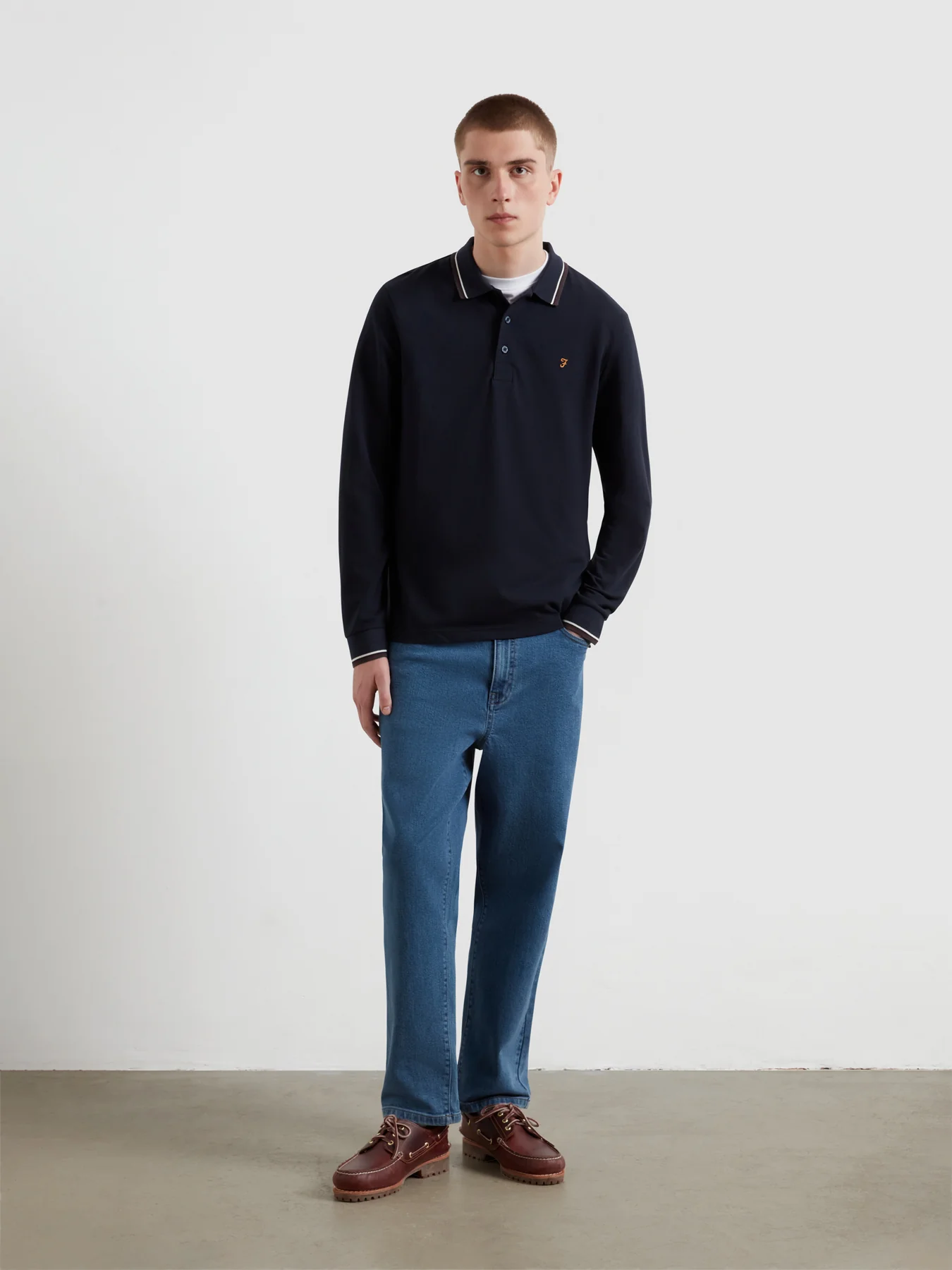 Elton Tipped Long Sleeve Polo Shirt In True Navy - Image 2