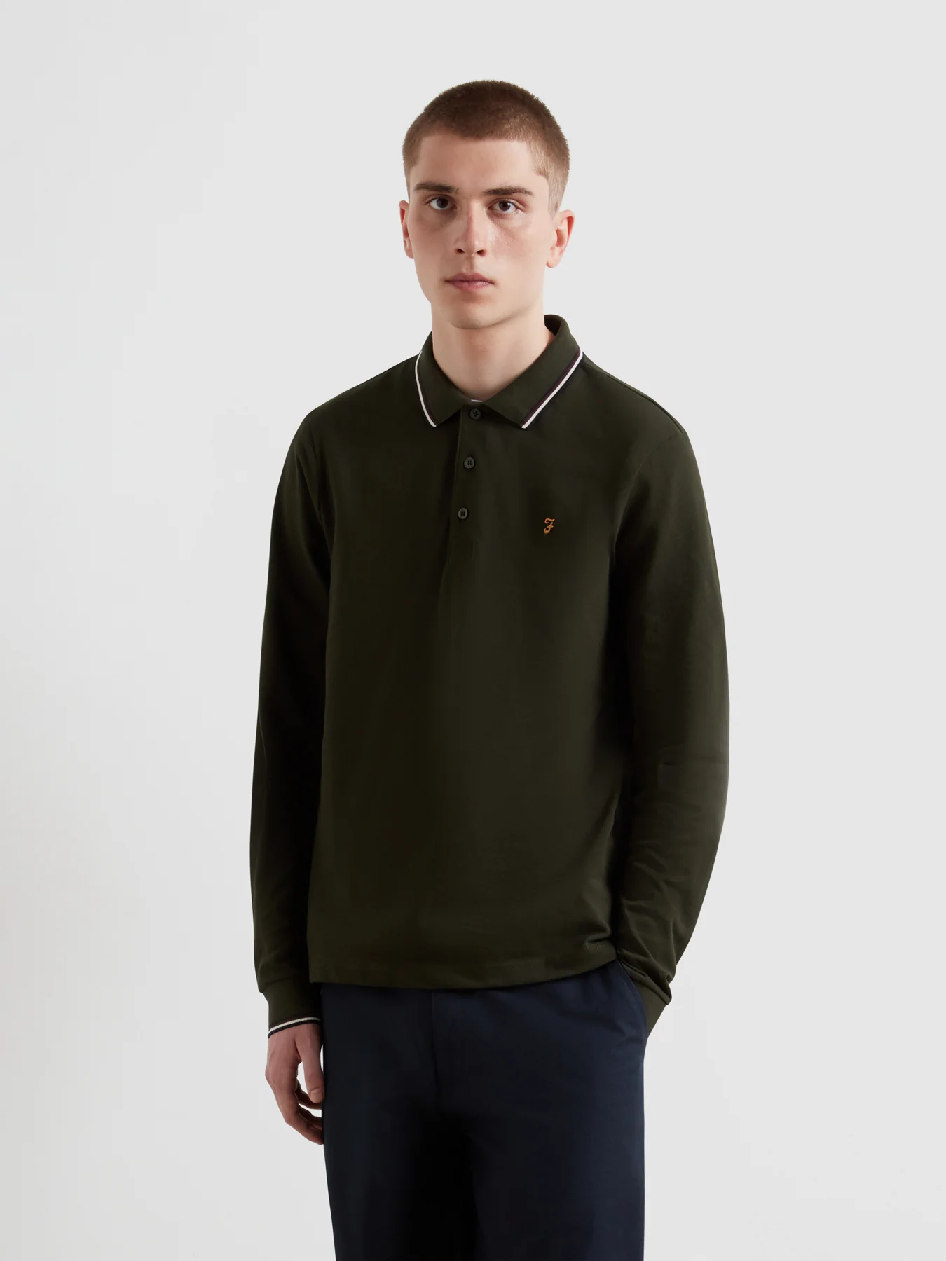 Elton Tipped Long Sleeve Polo Shirt In Evergreen