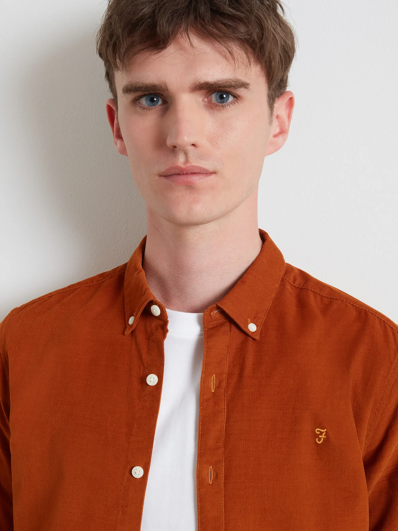 Fontella Slim Fit Corduroy Shirt In Burnt Ochre - Image 4