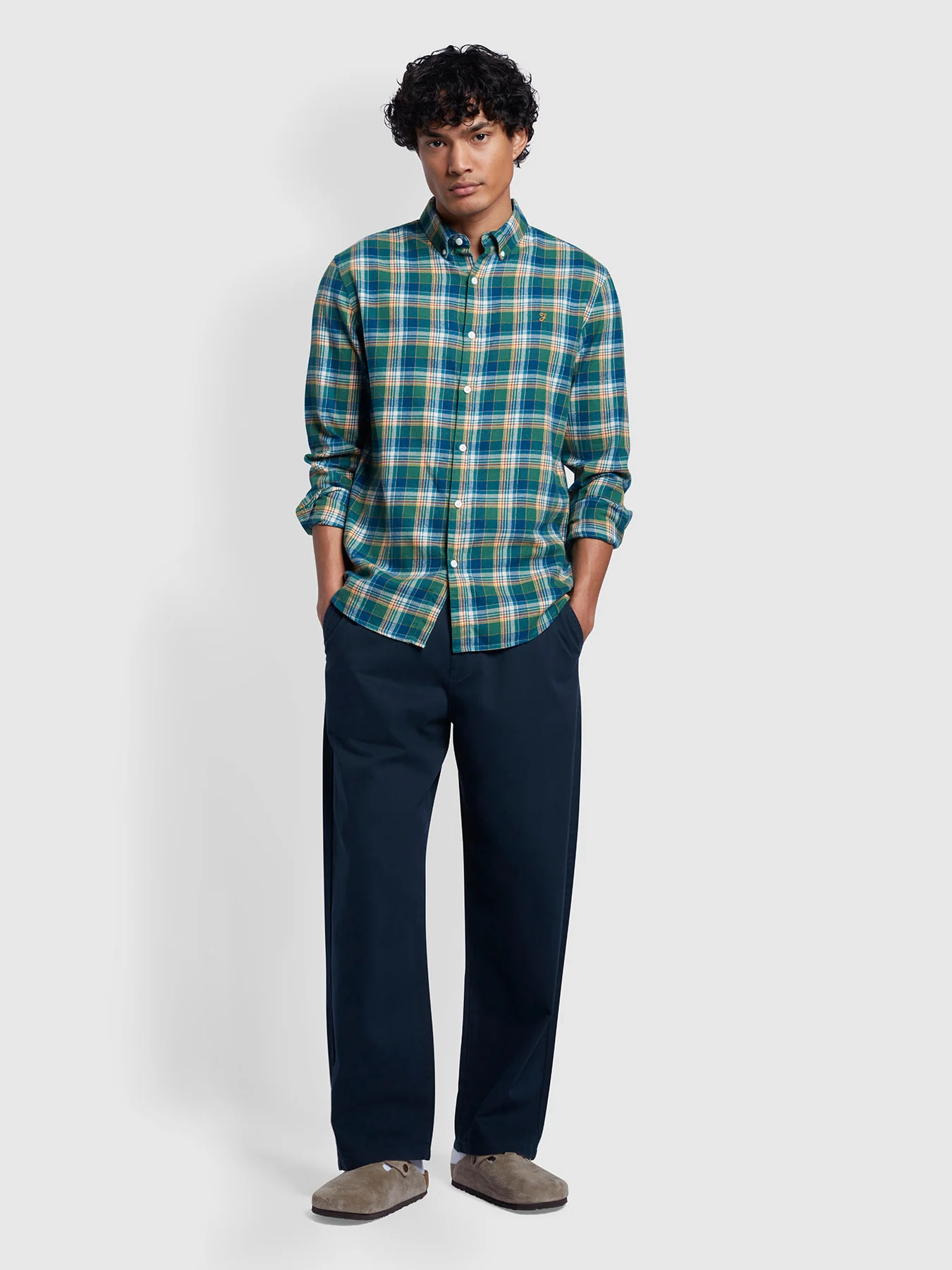 Leyroy Casual Fit Organic Cotton Check Shirt In Pea Green - Image 2