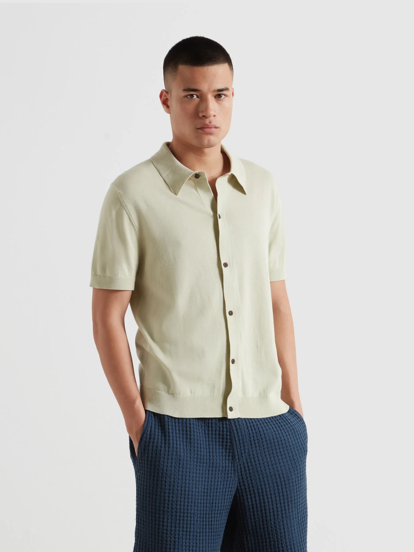 Poplar Knitted Button Front Polo Shirt In Soft Green - Image 3