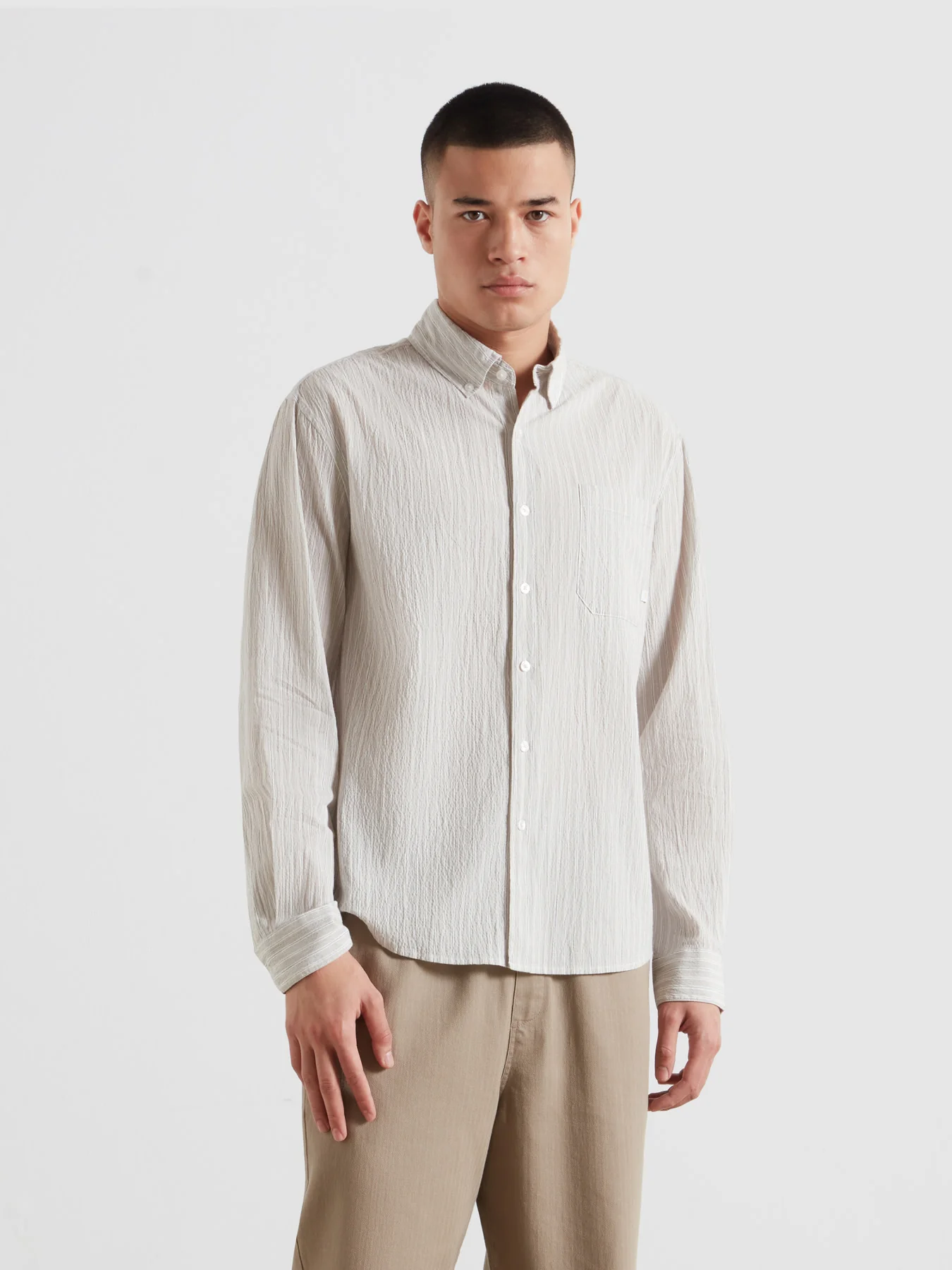 Stanford Poplin Striped Shirt In Stone Grey - Image 3